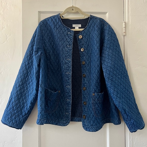 Vintage quilted denim chore coat jacket liner collarless brass buttons 1X - Picture 1 of 16